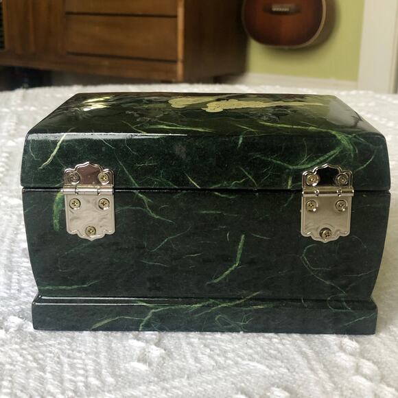 VTG Mother of Pearl Inlay Lacquer Jewelry Music Box Green Birds Mirror 6"x3.5" - Picture 6 of 13